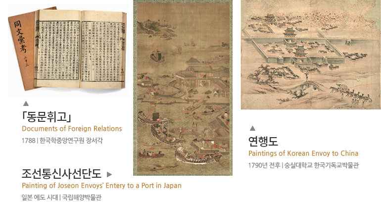첫번째 이미지 - 동문휘고 Documents of Foreign Relations 1788 | 한국학중앙연구원 장서각, 두번째 이미지 - 조선통신사선단도 Painting of Joseon Envoys’ Entery to a Port in Japan 일본 에도 시대 | 국립해양박물관, 세번째 이미지 - 연행도 Paintings of Korean Envoy to China 1790년 전후 | 숭실대학교 한국기독교박물관