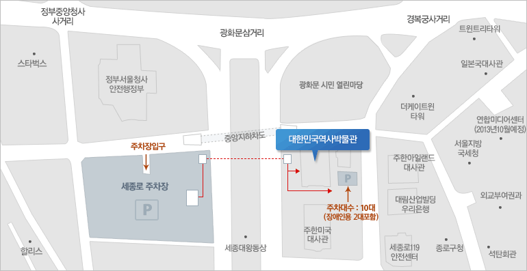 박물관 주차장 약도 - 대한민국 역사 박물관 뒷편 주차장 : 주차대수 10대(장애인용 2대 포함), 자세한 사항은 아래 내용 참조