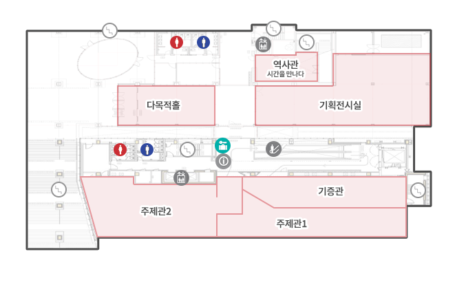 3층 도면,상단 엘레베이터로 나와서 정면 남녀 화장실이 있으며 바로 좌측으로 나오면 역사관(시간을만나다), 기획전시실이 있으며 그 건너편에는 다목적홀이 있습니다. 에스컬레이트 기준 우측으로 기증관, 주제관1이 존재하며 중앙 엘레베이터 기준으로 주제관2와 건너편에는 남녀 화장실 및 계단, 물품보관소, 안내데크가 있습니다. 좌측에는 메인계단이 존재합니다.