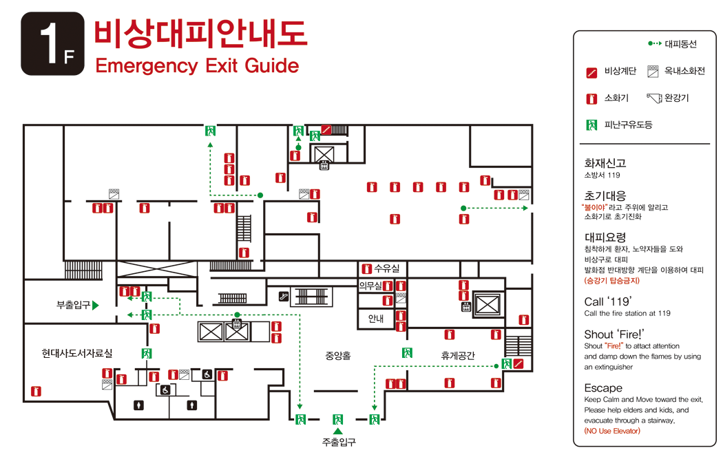 1층-대피동선: 중앙홀 아래의 주출입구와 안내도 왼쪽의 부출입구, 안내도 위쪽의 비상구 3개로 대피합니다. 건물 곳곳에 여러개의 소화기가 비치되어 있습니다. 비상계단, 옥내소화전, 소화기, 완강기, 피난구 유도등이 표시되어 있습니다. 화재신고: 소방서 119, 초기대응 : 불이야라고 주위에 알리고 소화기로 초기진화, 대피요령 : 침착하게 환자, 노약자들을 도와 비상구로 대피 발화점 반대방향 계단을 이용하여 대피(승강기 탑승금지)