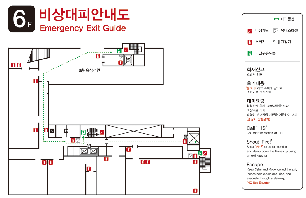 6층-대피동선: 옥상정원 위쪽과 안내도 중앙, 안내도 하단 오른쪽에 비상계단이 있습니다. 가까운 곳으로 대피합니다. 건물 곳곳에 여러개의 소화기가 비치되어 있습니다. 비상계단, 옥내소화전, 소화기, 완강기, 피난구 유도등이 표시되어 있습니다. 화재신고: 소방서 119, 초기대응 : 불이야라고 주위에 알리고 소화기로 초기진화, 대피요령 : 침착하게 환자, 노약자들을 도와 비상구로 대피 발화점 반대방향 계단을 이용하여 대피(승강기 탑승금지)